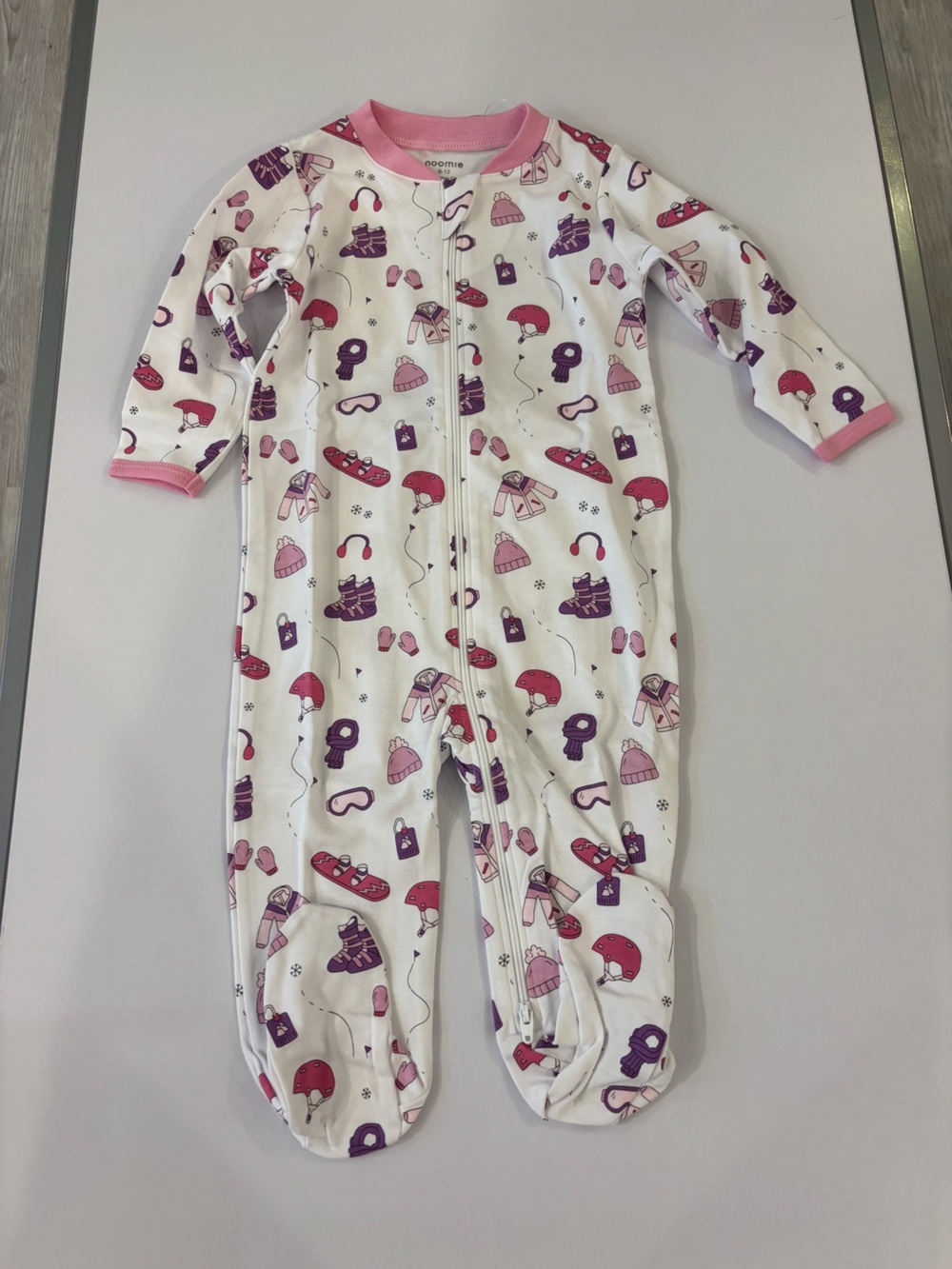 Noomie Kids White Footed One-Piece Pajamas with Pink & Purple Ski Print